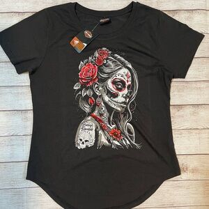 Harley-Davidson Black Short-Sleeve Tee with Red & White Sugar Skull Graphic